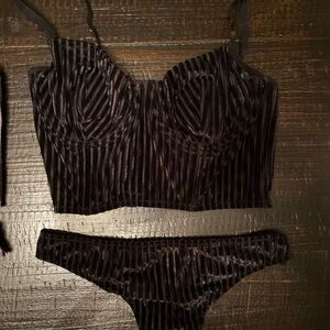 Black Velvet Striped Lingerie Set